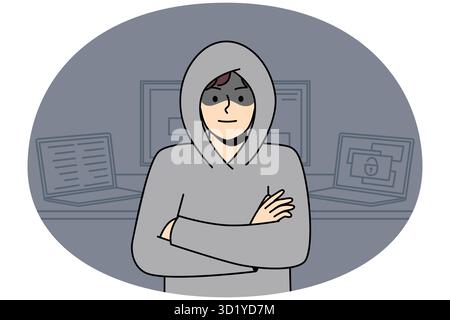 Junger Mann in Kapuze, der neben Computern steht und sich in das interne Operationssystem hackt. Verdächtiger männlicher Hacker in der Nähe von Laptops und Geräten. Gerätesicherheit. Vektor Stockfoto