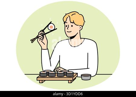 Lächelnder Mann sitzt am Tisch im Restaurant und isst Sushi mit Essstäbchen. Fröhlicher Mann, der traditionelle asiatische Küche im Café oder in der Bar genießt. Vektorgrafik. Stockfoto
