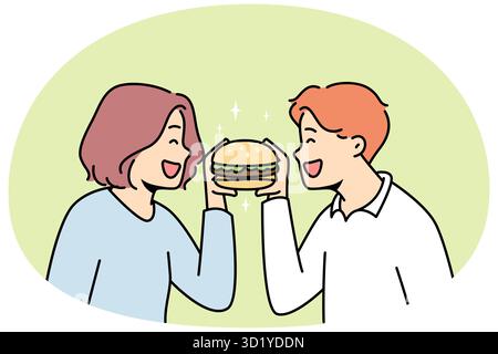 Lächelndes Paar, das zusammen leckere Hamburger isst. Glückliche Männer und Frauen genießen leckere Burger. Fast Food und Restaurantkette. Vektorgrafik. Stockfoto