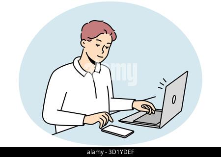Ein junger Geschäftsmann sitzt am Schreibtisch und arbeitet mit einem Laptop und nutzt das Handy. Männlicher Mitarbeiter beschäftigt sich mit elektronischen Geräten auf dem Tisch im Büro. Vector Illustrati Stockfoto