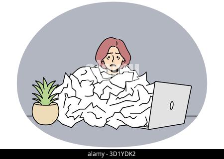 Müde Mitarbeiterin unter Papierstapel überfordert von der Arbeit im Büro. Erschöpfte Frau, die am Arbeitsplatz überlastet ist. Burnout und Ermüdung. Vektor-Illustration Stockfoto