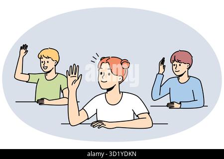 Lächelnde Kinder sitzen an den Schreibtischen der Schule und heben die Hände, die Fragen stellen oder beantworten. Glückliche Kinder, die im Klassenzimmer aktiv waren. Vektorgrafik. Stockfoto