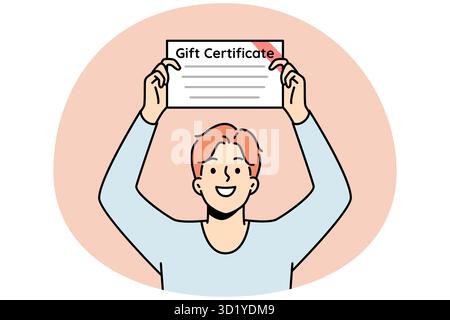Lächelnder junger Mann, der den Geschenkgutschein in den Händen hält. Glücklicher Kerl mit Papierdokumenten für die Gegenwart. Vektorgrafik. Stockfoto