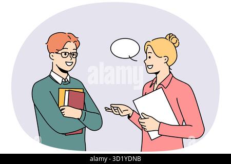 Lächelnde Geschäftsleute mit Sprechblase über dem Kopf kommunizieren im Büro. Zufriedene Mitarbeiter oder Kollegen sprechen über Ideen. Vektordarstellung. Stockfoto