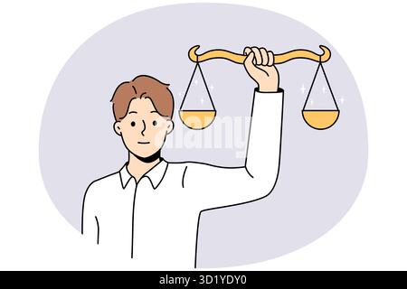 Ein Mann, der Waagen in den Händen hält und Gleichgewicht zeigt. Ein Mann mit Gewichten demonstriert Gerechtigkeit und Gesetz. Menschenrechtskonzept. Vektordarstellung. Stockfoto