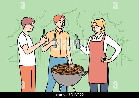 Lächelnde junge Menschen genießen Barbecue und trinken Bier im Freien. Glückliche Freunde haben Spaß beim Grillen von Fleisch im Wald. Vektordarstellung. Stockfoto