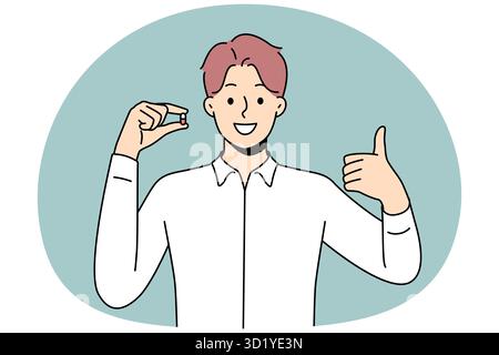Lächelnder junger Mann, der die Pille in den Händen hält und Daumen nach oben zeigt. Glücklicher Mann mit Tablette empfiehlt Behandlung. Antidepressiva oder Schmerzmittel. Vektor-Illustration Stockfoto