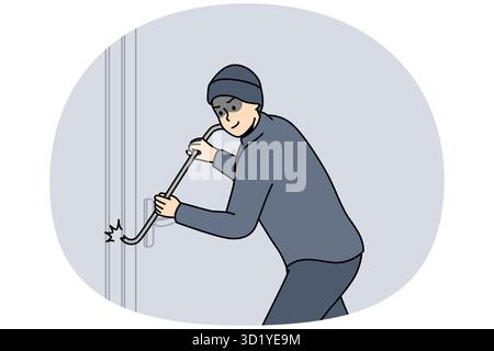 Räuber in dunkler Kleidung zwingt Schloss der Gebäudetür mit Metallpicklock. Der Dieb will ins Haus. Räuber, Einbrecher will nach Ba eindringen Stockfoto