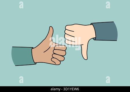 Nahaufnahme der Hände von Menschen, die Daumen nach oben und unten zeigen. Mann oder Frau zeigen, ob sie mögen oder nicht. Zustimmung und Ablehnung. Vektordarstellung. Stockfoto