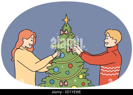 Ein glückliches Paar schmückt den Weihnachtsbaum zu Hause zusammen. Lächelnder Mann und lächelnde Frau, viel Spaß, genießen Sie die Tannenbaumdekoration für Silvester. Vektordarstellung. Stockfoto
