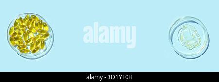 Omega3-Gelkapsel. Gelbes Vitamin. Gesundheit Essen. Diätetikum. Fischöl-Ergänzung. Mikrodosierungskonzept. Goldene Farbtöne Stockfoto