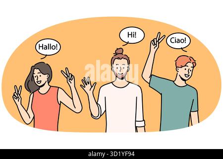 Lächelnde, multiethnische Menschen, die sich die Hände winken und in verschiedenen Sprachen gegrüßt werden. Fröhliche Männer und Frauen, die sich gegenseitig anfreunden. Multiethnische Gruppe. Vektorillus Stockfoto