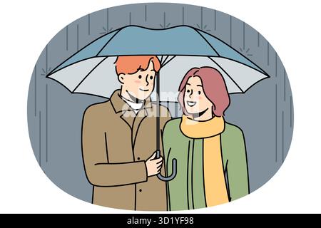 Glückliches Paar, das im Regen unter dem Schirm spaziert. Lächelnder Mann und lächelnde Frau genießen ein Date im Freien bei regnerischem Wetter. Beziehungskonzept. Vektordarstellung. Stockfoto