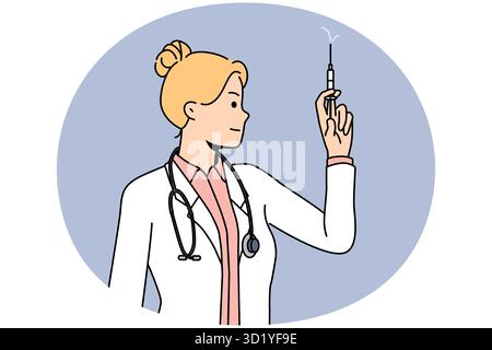 Junge weibliche Krankenschwester in medizinischer Uniform halten Spritze in den Händen. Arztin oder Hausarzt, bereit für die Injektion. Medizin und Gesundheitswesen, Impfkonzept. Stockfoto