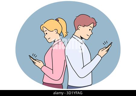Ein Paar, das sich hintereinander hinstellt und online SMS auf Handys schreibt. Mann und Frau meiden einander, wenn sie Smartphones benutzen und im Internet betrügen. Vektordarstellung. Stockfoto