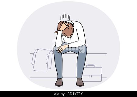 Eine junge Frau in Not fühlt sich niedergeschlagen und deprimiert bei der Arbeit. Unglückliche weibliche Mitarbeiter leiden unter Burnout oder Depression am Arbeitsplatz. Vektordarstellung. Stockfoto