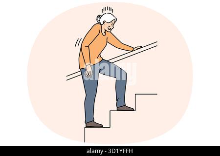 Ungesunde ältere Frau, die nach oben geht, leiden unter Schmerzen oder Schmerzen. Unreife Großmutter kämpft drinnen Treppen hinauf. Vektordarstellung. Stockfoto
