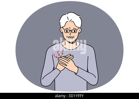 Ungesunde, reife Großväter leiden an Herzproblemen. Unwohl kranker alter Mann, der mit Herzstillstand in der Brust kämpft. Altenpflege. Vector illu Stockfoto