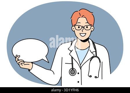 Lächelnder junger Arzt in medizinischer Uniform hält leere Sprechblase. Glücklicher Mediziner mit Mockup Talk Ballon Botschaft teilen. Vektordarstellung. Stockfoto