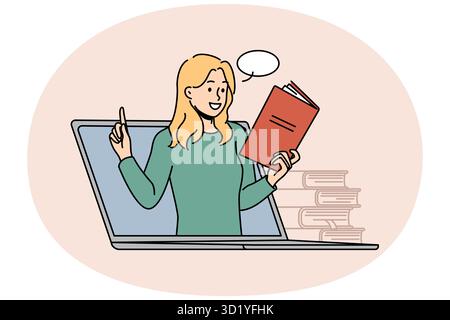 Junge Frau auf einem Laptop-Bildschirm, die Online-Unterricht über moderne Geräte hat. Lächelnde Lehrerin oder Lehrerin mit Webcam-Kurs für Buchführung am Computer. Bildung Stockfoto