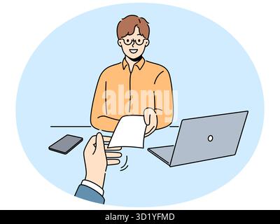 Lächelnder Arbeitgeber gibt dem Mitarbeiter im Büro einen Scheck. Glücklicher Geschäftsmann, der den Gehaltsscheck an den Mitarbeiter weitergibt. Beschäftigung und Vergütung. Vektordarstellung. Stockfoto