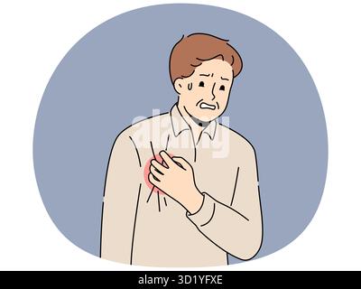 Ein unangenehmer Mann, der die Brust berührt, leidet an einem Herzinfarkt. Kranker männlicher Kampf mit Herz-Kreislauf-Erkrankung oder Herzinfarkt. Gesundheitswesen und Kardiologie. Vect Stockfoto