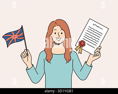 Eine lächelnde Frau hat ein Abschlusszeugnis und die britische Flagge in der Hand. Glückliche Frau mit Dokument lehrt Englisch. Bildung. Vektordarstellung. Stockfoto
