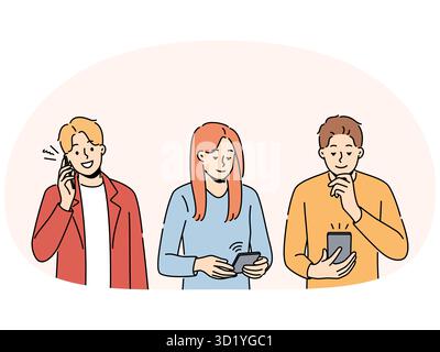 Verschiedene Menschen nutzen Gadgets, um online zu kommunizieren. Eine Gruppe von Männern und Frauen, die aus verschiedenen Rassen bestehen, kommunizieren oder unterhalten sich auf Handys. Kommunikation und Technologie. Vektor Stockfoto