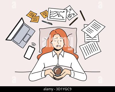 Erschöpfte Frau, die im Bett liegt und Kaffee trinkt, stressig durch die Arbeit. Müde Angestellte, überwältigt von der Arbeitsruhe im Bett. Müdigkeit und Erschöpfung. Vektor il Stockfoto