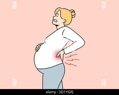 Unwohl schwangere Frauen leiden an Rückenschmerzen. Ungesunde erschöpfte Frau mit großem Bauch müde mit Schwangerschaft haben Schmerzen im unteren Rücken. Vektor-Illustration Stockfoto