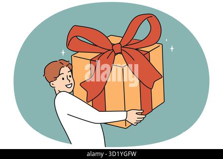 Ein überfreulicher junger Mann, der ein riesiges Geschenk in Händen hält, begeistert von der Geburtstagsfeier. Lächelnder Kerl mit präsenten Grußworten oder Glückwünschen. Vektor Stockfoto