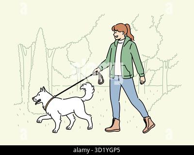Lächelnde Frau, die mit einem Hund an der Leine im Park spaziert. Glückliches Mädchen genießt den Spaziergang mit dem Hündchen in der Natur. Haustierbesitzkonzept. Vektordarstellung. Stockfoto