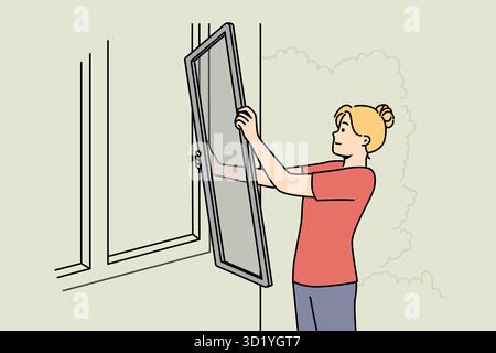 Frau installiert Fliegengitter am Fenster des Hauses. Eine Frau hat eine Plastikgitter-Schutzplatte auf das Gebäude gelegt. Vektordarstellung. Stockfoto