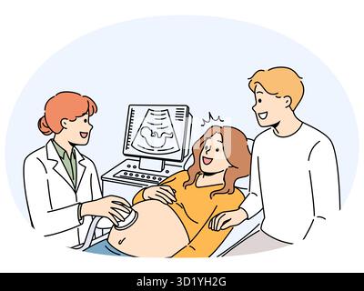 Glückliche schwangere Paare haben Ultraschall in der Klinik. Lächelnde zukünftige Eltern bei der Untersuchung beim Arzt im Krankenhaus. Schwangerschaft und Elternschaft. Vektorillustrat Stockfoto