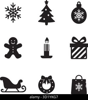 Schwarze Weihnachtsfeierssymbole mit Schneeflocke, Kiefer, Schlitten, Kränze und Geschenkvektor Stock Vektor