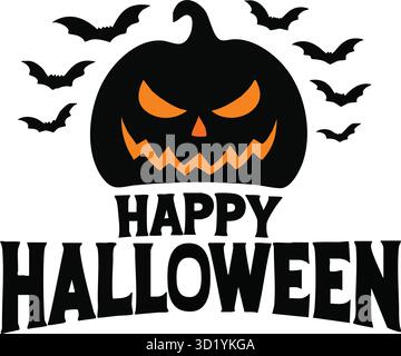 Evil Jack-o'-Lantern Kürbis, Fliegende Fledermäuse und Bold 'Happy Halloween' Text Vektor Stock Vektor