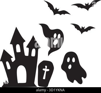 Halloween Spooky Silhouette Set mit Haunted Castle, Geistern, Grabstein und Flying Fledermaus Vektor Stock Vektor
