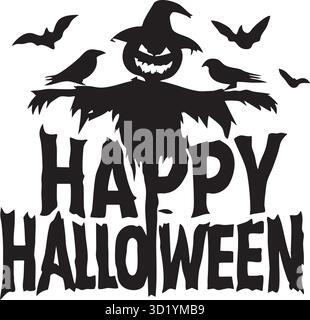 Happy Halloween Gruß mit gruseliger Vogelscheuchen Silhouette, Fledermäuse und Krähen isoliert auf weißem Hintergrund Stock Vektor