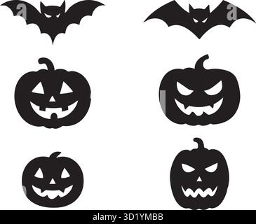 Schwarzes Halloween-Silhouetten-Set: Fliegende Fledermäuse und Jack-o'-Lantern-Kürbissymbole Stock Vektor