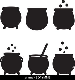 Satz von sechs schwarzen Kessel Silhouetten und Symbole mit Blasen isoliert auf weißem Hintergrund Stock Vektor