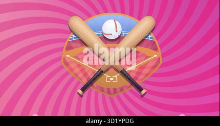 Schwimmendes Baseball-Emblem mit Fledermäusen und rot genähtem Baseball auf Diamantschild in rosafarbener Spirale Stockfoto