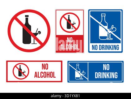 Verschiedene Zeichen, die den Alkoholkonsum verbieten, einschließlich „kein Alkohol“ und „kein Trinken“, die das Bewusstsein für Sicherheit und Gesundheit betonen. Stock Vektor