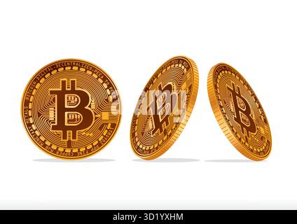 Drei Bitcoin-Münzen, die in verschiedenen Winkeln positioniert sind und das digitale Währungsdesign und die Sicherung von Finanztransaktionen auf einem sauberen Hintergrund darstellen. Stock Vektor