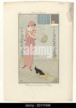Historische Modesillustration aus Journal des Dames et des Modes, Kostüme Parisiens, Nr. 154, mit dem Titel Robe pour les vacances de Pâques (Kleid für die Osterferien). Veröffentlicht in Frankreich, 1914. Stockfoto