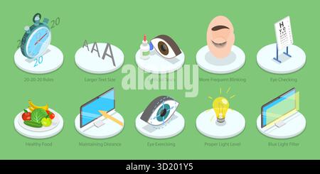 3D Isometrische flache Illustration des Computersehsyndroms, der Ermüdung des Sehens durch Lesen und Bildschirme Stockfoto
