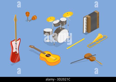 3D Isometrische flache Illustration der Musikinstrumentenkollektion, klassisch und modern, für Amateure und Profis 3D Isometr Stockfoto