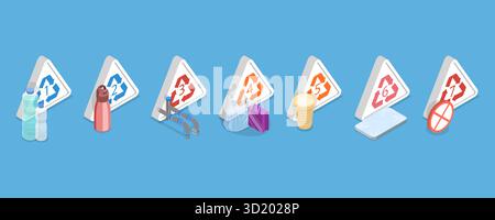 3D Isometrische flache Darstellung von Kunststofftypen mit Recycling-Markierung, Müllsortierung 3D Isometrische flache Abbildung von Stockfoto