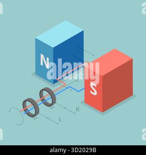 Isometrische flache 3D-Illustration des elektromagnetischen Generators, einfache isometrische 3D-Illustration des Elektromotors Stockfoto