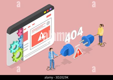 3D Isometrische Abwicklung Abbildung von 404 Fehlerseite, Verbindungsproblem 3D Isometrische Abwicklung Abbildung von 404 Fehlerseite, Verbinden Stockfoto