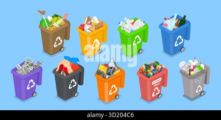 3D Isometrische flache Abbildung der Abfallwirtschaft, Sortieren von Müll 3D Isometrische flache Abbildung der Abfallwirtschaft, Sortin Stockfoto